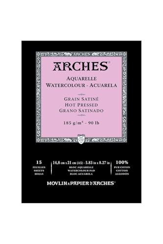 Arches 1795220 Aquarell Block kopfgeleimt 15 Blatt - A5, 185g/m² Satiniert-Naturweiß für Wasserfarben, Acrylfarben und Gouache von ARCHES