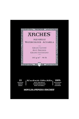 Arches 1795222 Aquarell Block kopfgeleimt 15 Blatt - A3, 185g/m² Satiniert-Naturweiß für Wasserfarben, Acrylfarben und Gouache von ARCHES