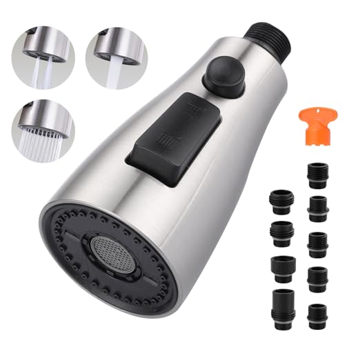 ARCORA Küchenarmatur-Sprühkopf, gebürstetes Nickel, 3-Funktions-Küchenspüle, Sprühdüse mit 9 Adaptern, Küchenarmaturkopf, Ersatz kompatibel mit Moen, Delta, amerikanischen Standard-Armaturen von ARCORA