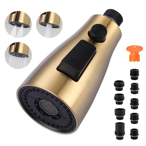 ARCORA Küchenarmatur-Sprühkopf gebürstetes Gold, 3-Funktion-Küchenspüle-Sprühdüse mit 9 Adaptern, Küchenarmatur-Kopf-Ersatz, kompatibel mit Moen, Delta, amerikanischen Standard-Wasserhähnen, AR44004G von ARCORA