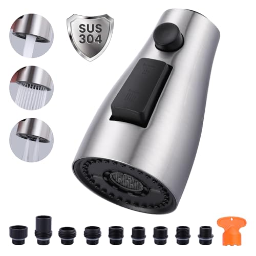 【Metall Küche Wasserhahn Kopf Ersatz】3-Funktionen Pull Down Sprühdüse mit 9 Adaptern, Spüle Sprayer Ersatz Kompatibel mit Moen, Delta, American Standard Armaturen, gebürstetes Nickel von ARCORA