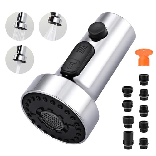 【Pull Down Wasserhahn Kopf Ersatz】3-Funktionen Küchenarmatur Sprayer Head Ersatz mit 9 Adaptern - Chrom Spülbecken Sprühdüse Kompatibel mit Moen, Delta, American Standard Armaturen von ARCORA