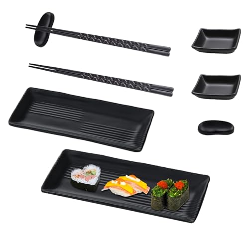 ARCPNRT Sushi Platte mit Dipschalen, Sushi Geschirr mit Stäbchen, Japanese Sushi Teller, Asiatisches Geschirr Set, mit 2 Paar Essstäbchen, 2 Essstäbchenablagen, 2 Teller, 2 Dipteller, Schwarz von ARCPNRT