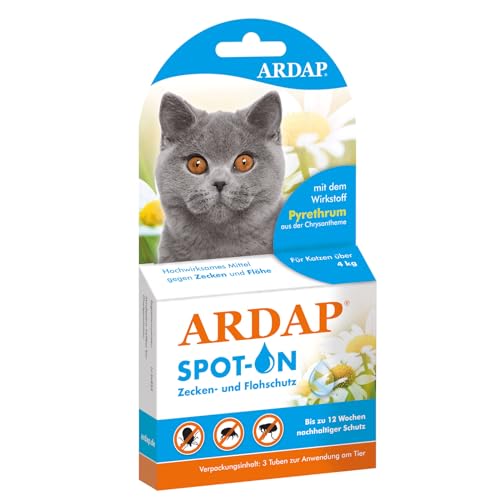ARDAP Spot On für Katzen über 4kg - Natürlicher Wirkstoff - Zeckenmittel für Katzen, Flohmittel Katzen, Zeckenschutz Katze - 3 Tuben je 0,8ml - Bis zu 12 Wochen nachhaltiger Langzeitschutz (PT19) von ARDAP