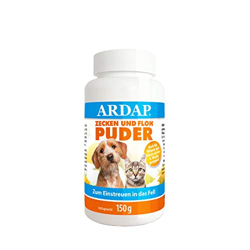 ARDAP Zecken und Floh Puder 150g - Für Hunde und Katzen - Zum Einstreuen in das Fell - Schützt sofort und zuverlässig vor Flöhen, Zecken, Läusen, Milben und anderen Schädlingen (PT19) von ARDAP