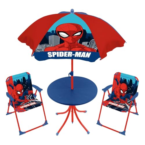 ARDITEX SM15950 Tisch-Set (50 x 50 x 48 cm), 2 Stühle (38 x 32 x 53 cm) und Sonnenschirm (Durchmesser 110 cm) von Marvel-Spiderman von ARDITEX