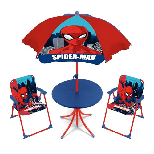 ARDITEX SM15950 Tisch-Set (50 x 50 x 48 cm), 2 Stühle (38 x 32 x 53 cm) und Sonnenschirm (Durchmesser 110 cm) von Marvel-Spiderman von ARDITEX