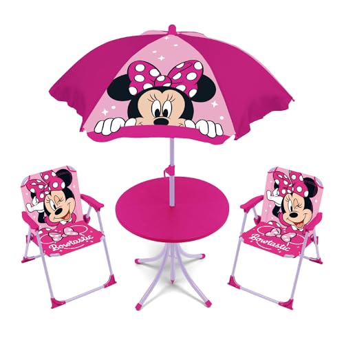 ARDITEX WD16123 Tisch-Set (50 x 50 x 48 cm), 2 Stühle (38 x 32 x 53 cm) und Sonnenschirm (Durchmesser 110 cm) von Disney-Minnie von ARDITEX