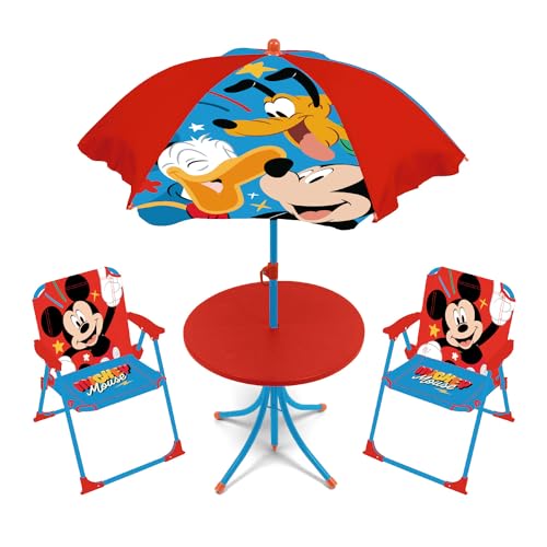 ARDITEX WD16128 Tisch-Set (50 x 50 x 48 cm), 2 Stühle (38 x 32 x 53 cm) und Sonnenschirm (Durchmesser 110 cm) von Disney-Mickey von ARDITEX