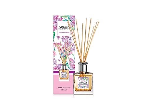 AREON French Garden Schilfrohr-Diffusor, 150 ml, klar mit silbernen Akzenten, inklusive 10 Rattan-Stimmstäbchen von AREON
