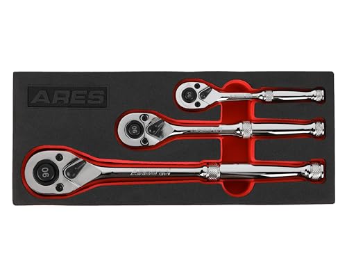 ARES 42048,3-teiliges Ratschen-Set mit 90 Zähnen, hochwertige Chrom-Vanadium-Stahl-Konstruktion und hochglanzpoliertes Finish, umkehrbar, mit 4 Grad Schwung von ARES