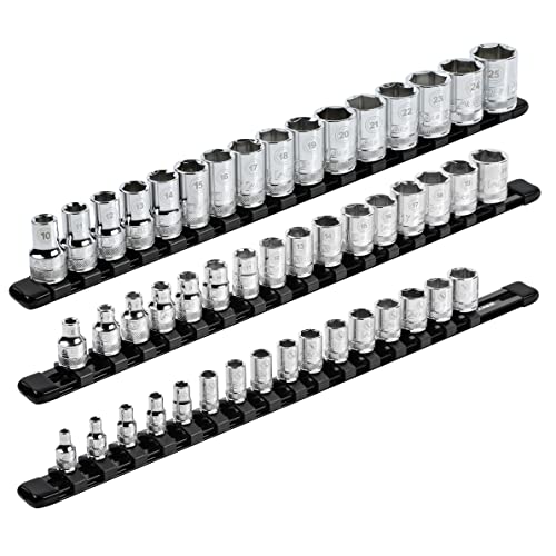 ARES 70087 3-teiliger Aluminium-Steckschlüssel-Organizer – 1/4 Zoll, 3/8 Zoll und 1/2 Zoll Antriebsschienen halten 48 Stecknüsse und halten Ihren Werkzeugkasten organisiert von ARES