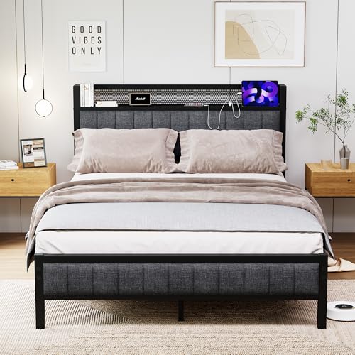 ARFARLY Bett 140x200 mit Metal Lattenrost,Bettgestell140x200 mit Kopfteil & Ladestation(2 AC-Steckdosen& 1 USB-Anschlüsse) Metallbett 140x200, Jugendbett, Doppelbett von ARFARLY