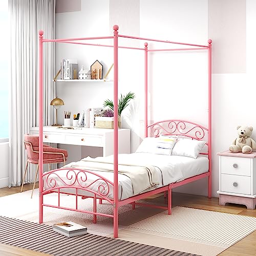 ARFARLY Himmelbett Bettgestell Doppelbett Metallbett Bettrahmen Lattenrost Schlafzimmerbett Schlafzimmermöbel Ehebett Rosa 90x200cm von ARFARLY