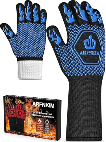 ARFNKIM Grillhandschuhe Hitzebeständig bis 800°C, Rutschfest Ofenhandschuhe Feuerfestehandschuhe Kochhandschuhe Backhandschuhe BBQ Handschuhe Topfhandschuhe (Blau) von ARFNKIM