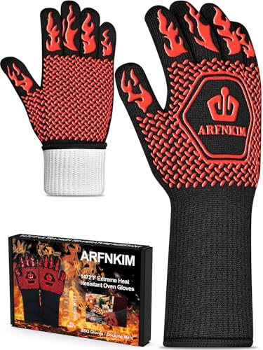 ARFNKIM Grillhandschuhe Hitzebeständig bis 800°C, rutschfest Ofenhandschuhe Feuerfestehandschuhe Kochhandschuhe Backhandschuhe BBQ Handschuhe Topfhandschuhe (Rot) von ARFNKIM
