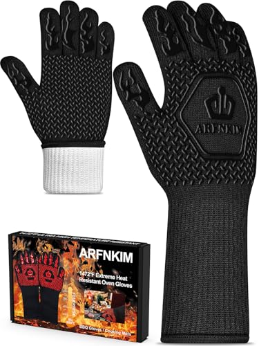 ARFNKIM Grillhandschuhe Hitzebeständig bis 800°C, Rutschfest Ofenhandschuhe Feuerfestehandschuhe Kochhandschuhe Backhandschuhe BBQ Handschuhe Topfhandschuhe (Schwarz) von ARFNKIM