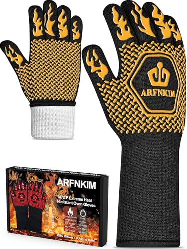 ARFNKIM Grillhandschuhe Hitzebeständig bis 800°C, rutschfest Ofenhandschuhe Feuerfestehandschuhe Kochhandschuhe Backhandschuhe BBQ Handschuhe Topfhandschuhe (Gelb) von ARFNKIM