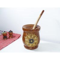 Hölzerner Yerba Mate Kürbis-Blumen-Design - Enthält 2 Strohhalme Bombillas Handgemacht in Argentinien von ARGTHGS