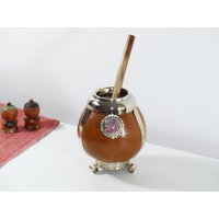 Yerba Mate Kürbis Mit Verzierungen Aus Alpaka | Neusilber Und Rhodochrosit Edelstein - Inklusive 2 Bombillas Strohhalme Handgemacht in Argentinien von ARGTHGS
