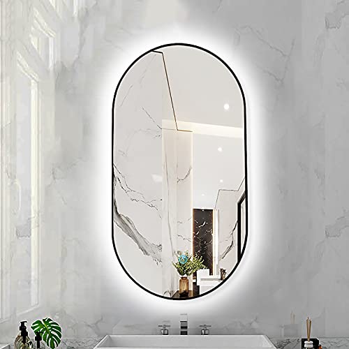 Ovaler LED-beleuchteter Badezimmerspiegel, Wandmontierter Schminkspiegel mit Demister-Auflage, 3 Dimmbare Farbtemperaturen und Touch-Steuerung, Metallrahmen ( Color : Black Frame , Size : 50X100CM ) von ARHAMS