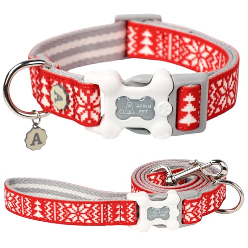 ARING PET Hundehalsband und Leine, rotes Weihnachts-Hundehalsband, niedliche Weihnachtsschneeflocken, Haustierhalsbänder und Leine für kleine, mittelgroße und große Hunde von ARING PET