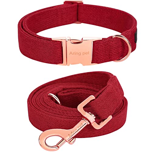 ARING PET Weihnachten Hundehalsband, Baumwolle rot Hundehalsband und Leine Set, einstellbare Hundehalsbänder und Leine mit Metallschnalle für kleine mittlere große Hunde von ARING PET