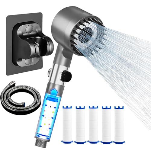 Duschkopf mit schlauch 1,5M,Halterung und 5 Filter,Hochdruck Handbrause duschkopf mit filter,Wassersparend Filtration 3+1 Strahlarten,für Entfernen vom Antikalk,Rest-Chlor,Schwermetall (Grey) von ARINTUL