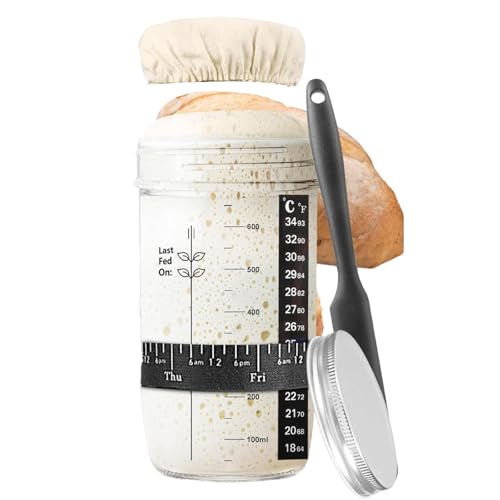 Sauerteigglas-Set, 730 ml Sauerteigglas-Set, Deckel-Set, Mehlgläser mit Deckel, luftdicht, rundes Glas mit Thermometer, wiederverwendbares Sauerteigglas zum Backen, Brotgärung von ARIOU