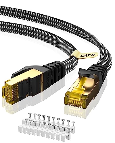 ARISKEEN Cat 8 Ethernet Kabel 12M, Cat8 Geflochten Flach Hochgeschwindigkeit (40Gbps 2000Mhz/s) Gigabit Rj45 STP Geschirmtes Internet Netzwerk Lan Patch Kabel Draht für Router Modem Panel von ARISKEEN
