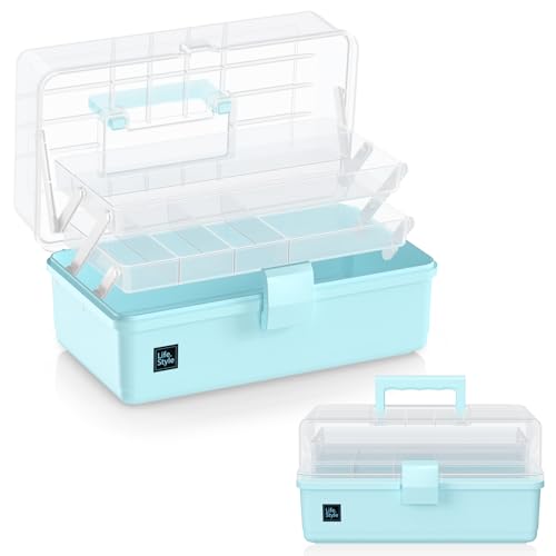ARJudy 33cm 3-Regal Mehrzweck-Aufbewahrungsbox Plastikhandwerk Organizer Faltbare Werkzeugkiste mit Griffen für ortierbox, Bastelbox, Nähkasten, Medizinkoffer, Toolbox (Blau) von ARJudy