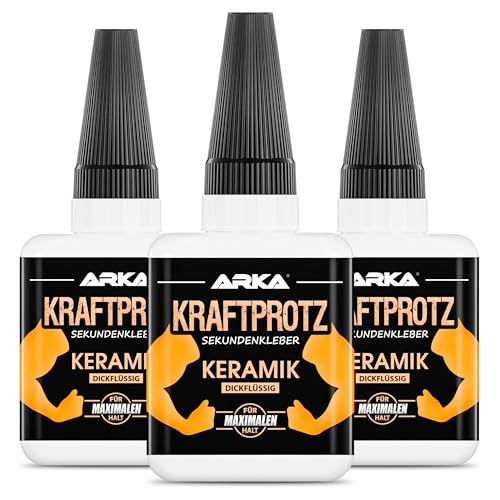 arka 3x 50 g KERAMIK & PORZELLAN Sekundenkleber extra stark | Inkl. Anti-Austrocknung-Spitze | KRAFTPROTZ | Dickflüssiger Superkleber | Wasserfest | Keramikkleber,Steingutkleber & Porzellankleber von ARKA