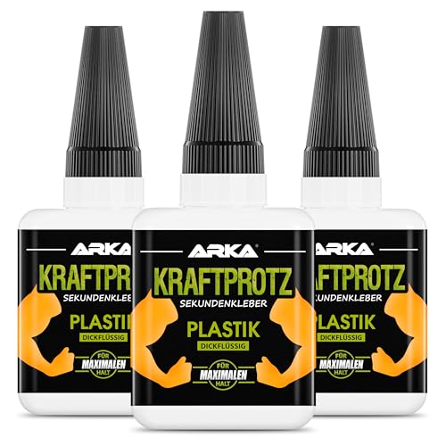 arka 3x 50 g PLASTIK & KUNSTSTOFF Sekundenkleber extra stark | Inkl. Anti-Austrocknung-Spitze | KRAFTPROTZ | Dickflüssiger Superkleber | Wasserfest | Transparenter Plastikkleber & Kunststoffkleber arka 3x 50 g PLASTIK & KUNSTSTOFF Sekundenkleber extra stark | Inkl. Anti-Austrocknung-Spitze | KRAFTPROTZ | Dickflüssiger Superkleber | Wasserfest | Transparenter Plastikkleber & Kunststoffkleber von ARKA