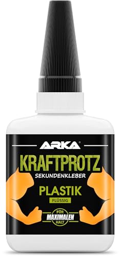 50 g Sekundenkleber für Kunststoff extra stark, wasserfest, hitzebeständig & Verschluss gegen Austrocknung - flüssiger Kunststoffkleber, Plastik Kleber für Kunststoff, Acrylglas - ARKA Kraftprotz von ARKA