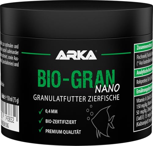 ARKA Bio-Gran Nano - 150 ml / 75 g - Biozertifiziertes Fischfutter für jedes Süßwasser-Aquarium, fördert Wachstum, Farbenpracht und Vitalität von Zierfischen von ARKA