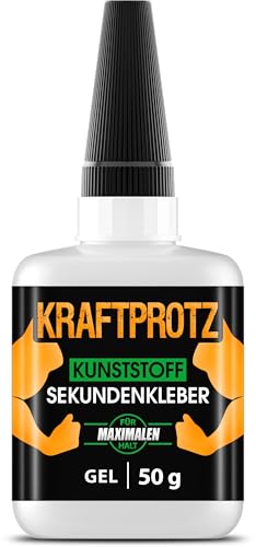 50 g Sekundenkleber für Kunststoff extra stark, wasserfest, hitzebeständig & Verschluss gegen Austrocknung - dickflüssiger Kunststoffkleber, Plastik Kleber für Kunststoff, Acrylglas - ARKA Kraftprotz von ARKA