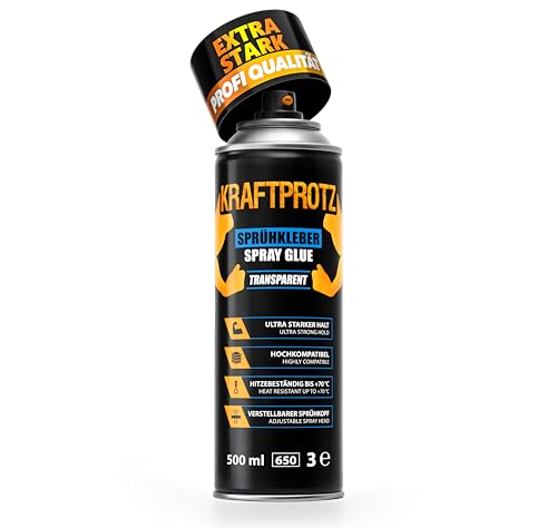Sprühkleber extra stark 500 ml – für Schaumstoff, Filz, Leder, Holz, Gummi & Akustikpaneele – ideal für Dachhimmel, Möbel, Modellbau, DIY & KFZ-Ausbau – transparent & hitzebeständig – KRAFTPROTZ Sprühkleber extra stark 500 ml – für Schaumstoff, Filz, Leder, Holz, Gummi & Akustikpaneele – ideal für Dachhimmel, Möbel, Modellbau, DIY & KFZ-Ausbau – transparent & hitzebeständig – KRAFTPROTZ von ARKA