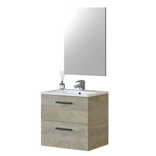 Habitdesign Aruba Badezimmermöbel mit Zwei Schubladen und Spiegel, Holzwerkstoff, Eiche Alaska, Grande von Habitdesign