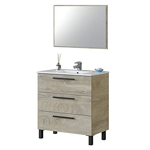 Habitdesign Athena Badezimmermöbel mit 3 Schubladen und Spiegel, Aluminium, Eiche Alaska, 3 Cajones von Habitdesign