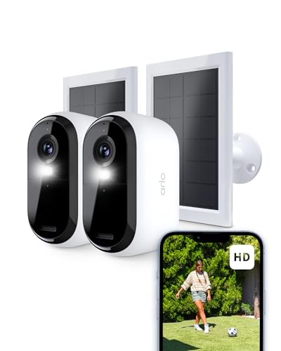 Arlo Essential 2 HD Überwachungskamera Aussen & 2x Solar, Kabellos, 1080p Video, Farbnachtsicht, Licht, Bewegungsmelder, Sirene, 2-Wege Audio, Smart Home + Arlo Secure Plan Testzeitraum, 2er Set von ARLDE