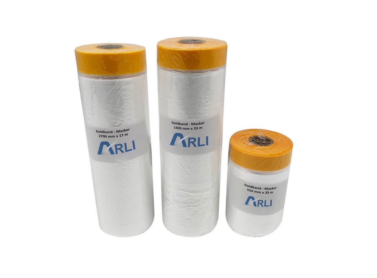 ARLI Abdeckfolie Goldband Masker 3er Set 550 mm 1400 mm 2700 mm, (3er, 3-St., Set), Abdeckfolie Malerfolie Baufolie Tape von ARLI