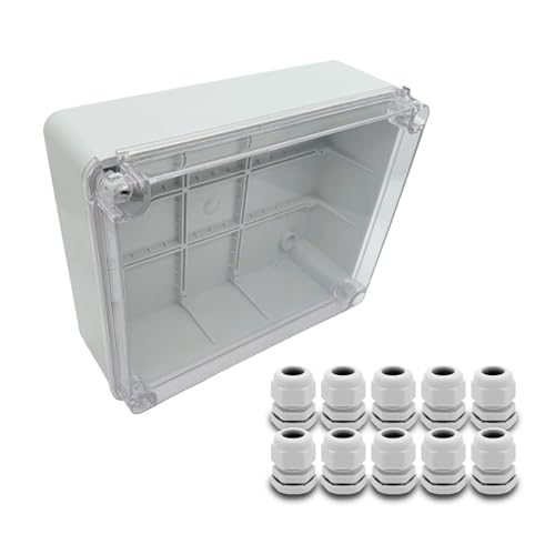 ARLI Abzweigdose IP67 250x200x90 mm Sichttür Transparent Aufputz Grau + 10x Kabelverschraubung M20 Set ohne Vorprägung halogenfrei inkl. Deckel mit Dichtung & Gegenmuttern von ARLI