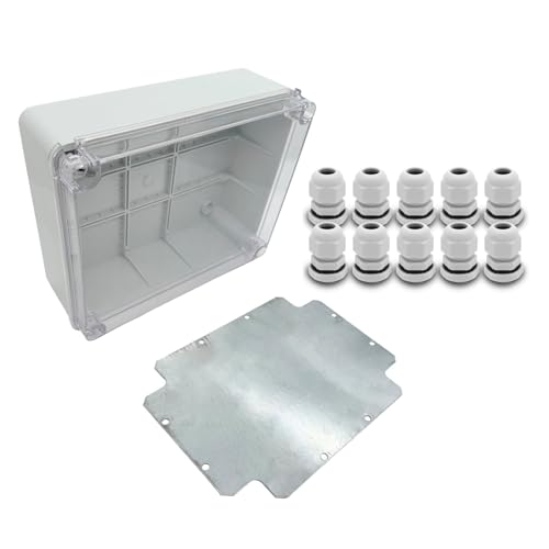 ARLI Abzweigdose IP67 250x200x90 mm Sichttür Transparent Aufputz Grau inkl. Montageplatte + 10x Kabelverschraubung M16 Set ohne Vorprägung halogenfrei inkl. Deckel mit Dichtung & Gegenmuttern von ARLI