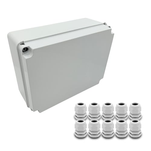 ARLI Abzweigdose IP67 310x230x130 mm Grau + 10x Kabelverschraubung M20 Aufputzdose Feuchtraumdose ohne Vorprägung Gehäusekasten Deckel mit Dichtung halogenfrei von ARLI