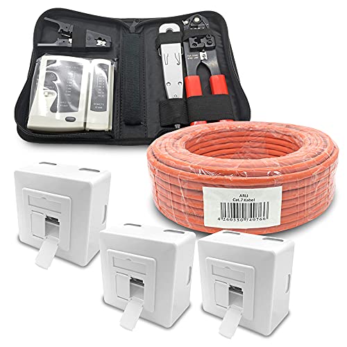 ARLI CAT 7 100m Verlegekabel Netzwerkkabel CAT.7 + 3X Netzwerkdose Cat6a + 1x Werkzeugset Crimpzange Abisoliermesser Tester Netzwerk Werkzeug Set 4 in 1 S/FTP CAT7 PIMF Kabel AWG23/1 Ethernet 100 m von ARLI