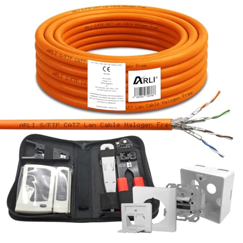 ARLI CAT 7 25m Verlegekabel Netzwerkkabel CAT.7 + 1x Netzwerkdose Cat6a + 1x Werkzeugset Crimpzange Abisoliermesser Tester Netzwerk Werkzeug Set 4 in 1 S/FTP CAT7 PIMF Kabel AWG23/1 Ethernet 25 m von ARLI