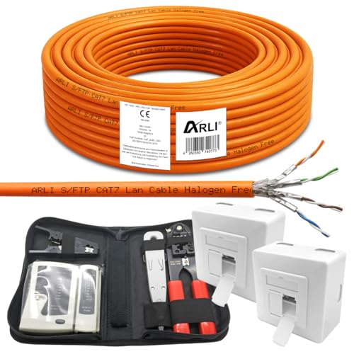 ARLI CAT 7 25m Verlegekabel Netzwerkkabel CAT.7 + 2x Netzwerkdose Cat6a + 1x Werkzeugset Crimpzange Abisoliermesser Tester Netzwerk Werkzeug Set 4 in 1 S/FTP CAT7 PIMF Kabel AWG23/1 Ethernet 25 m von ARLI