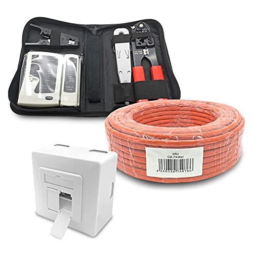 ARLI CAT 7 50m Verlegekabel Netzwerkkabel CAT.7 + 1x Netzwerkdose Cat6a + 1x Werkzeugset Crimpzange Abisoliermesser Tester Netzwerk Werkzeug Set 4 in 1 S/FTP CAT7 PIMF Kabel AWG23/1 Ethernet 50 m von ARLI