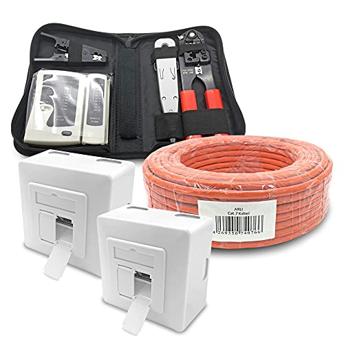 ARLI CAT 7 50m Verlegekabel Netzwerkkabel CAT.7 + 2x Netzwerkdose Cat6a + 1x Werkzeugset Crimpzange Abisoliermesser Tester Netzwerk Werkzeug Set 4 in 1 S/FTP CAT7 PIMF Kabel AWG23/1 Ethernet 50 m von ARLI