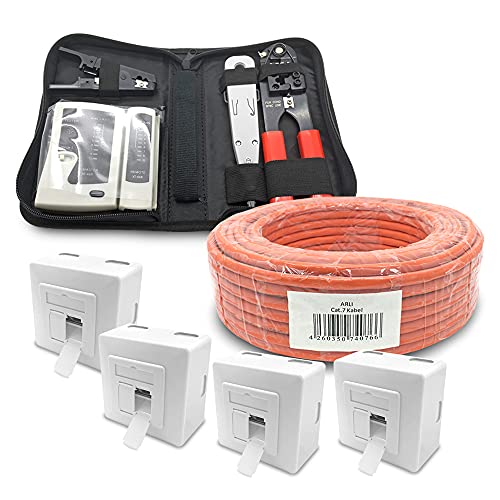 ARLI CAT 7 50m Verlegekabel Netzwerkkabel CAT.7 + 4x Netzwerkdose Cat6a + 1x Werkzeugset Crimpzange Abisoliermesser Tester Werkzeug Set 4 in 1 für Netzwerkinstallation und Telefoninstallation von ARLI